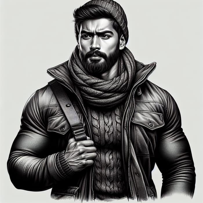 Strong Man in Winter Clothes with Determined Expression