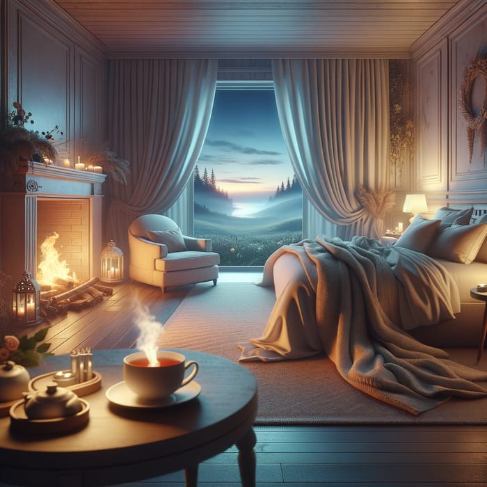 Cozy Room with Plush Bed, Steaming Tea, and Crackling Bonfire