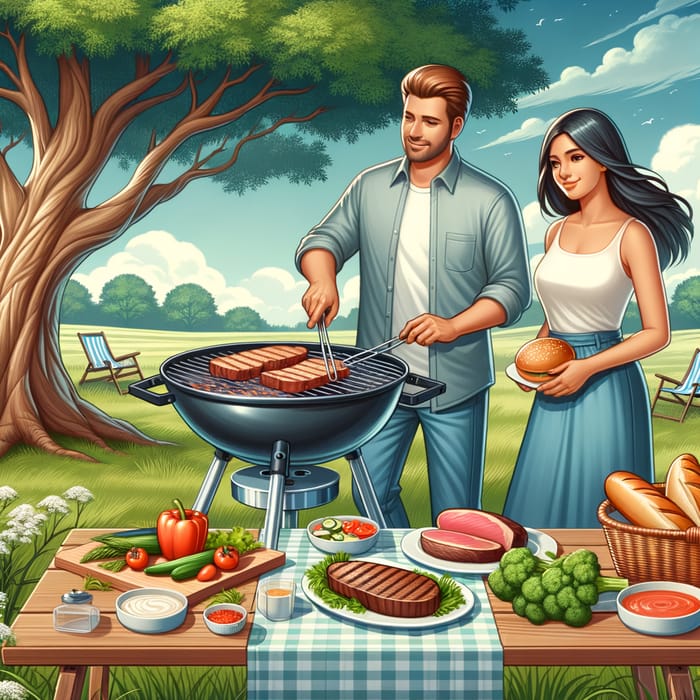 Outdoor BBQ Scene with Grill and Diverse Cooking
