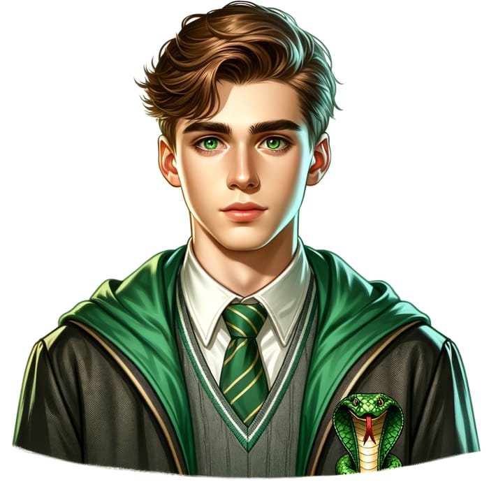 Handsome Teenage Male in Slytherin Uniform with Striking Green Eyes