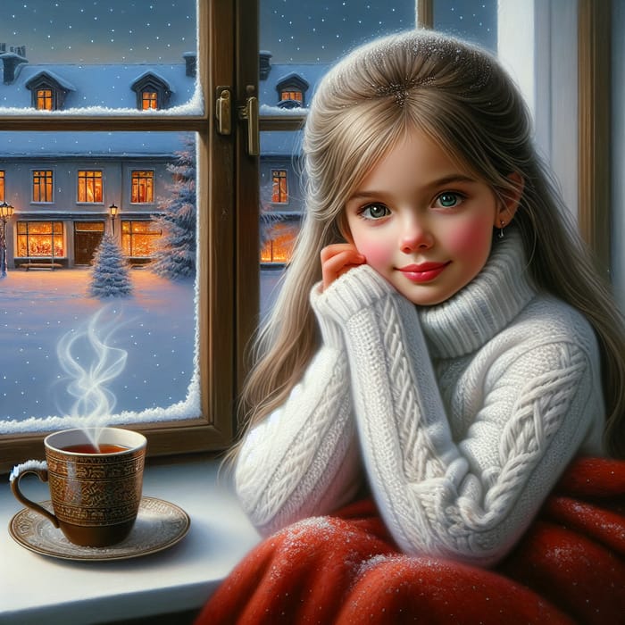 Cozy Evening: Girl in White Sweater by Window with Snowfall