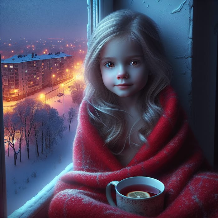 Cozy Winter Evening: Girl by Snowy Window with Hot Tea