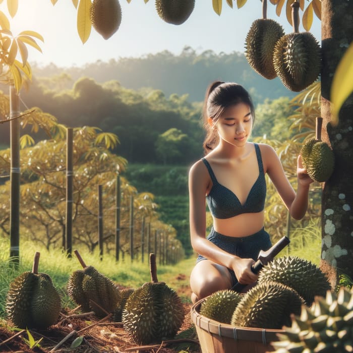 Bikini Girl Harvesting Durian in Tropical Farm