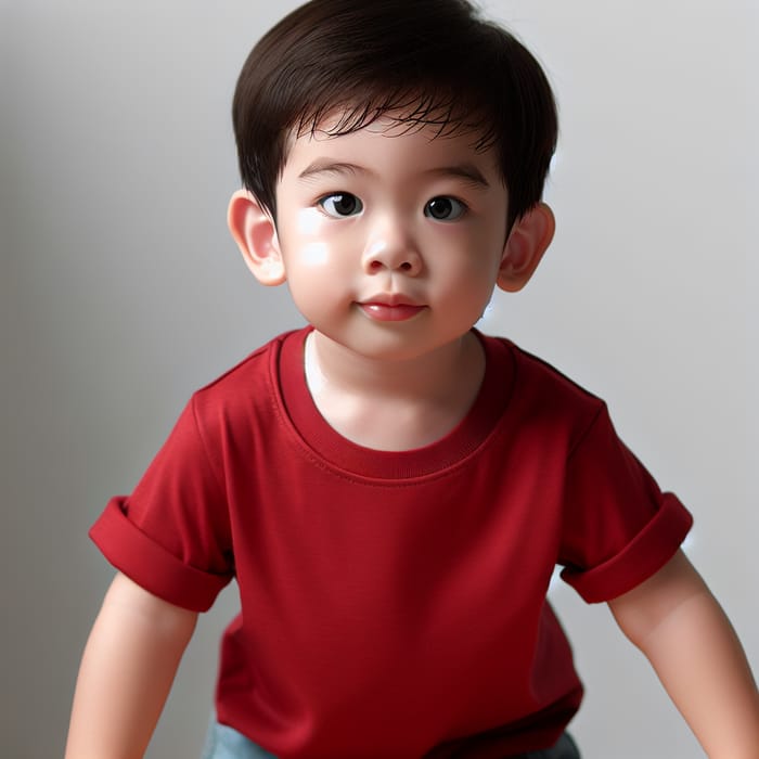Cute Curious 4-Year-Old Boy in Red T-shirt