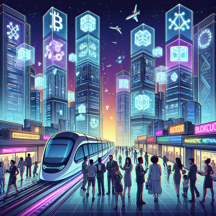 Futuristic Blockchain Technology Integration in Urban Cityscape