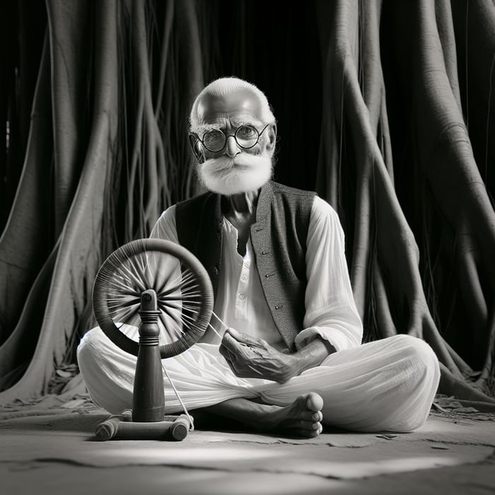 Mahatma Gandhi: Iconic Indian Leader Spinning Charkha