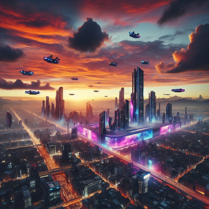 Futuristic Cityscape at Sunset - Neo-Noir Metropolis with Flying Cars