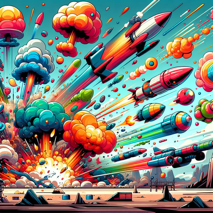 Intense Explosions and Rockets in Vibrant Cartoon Scene