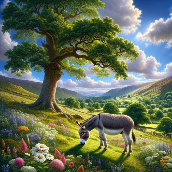 Tranquil Countryside Scene with Donkey Grazing | Peaceful Pastoral View