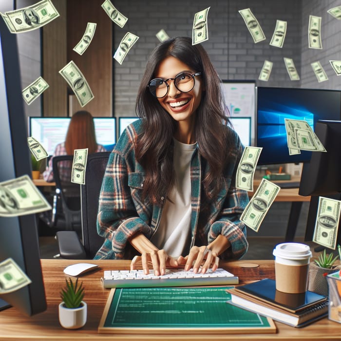 Raining Money: Dedicated South Asian Female Programmer in Office Scene