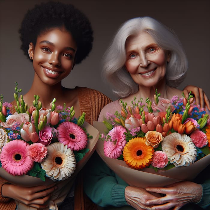 Joyful Women Holding Colorful Flower Bouquets - Realistic Imagery