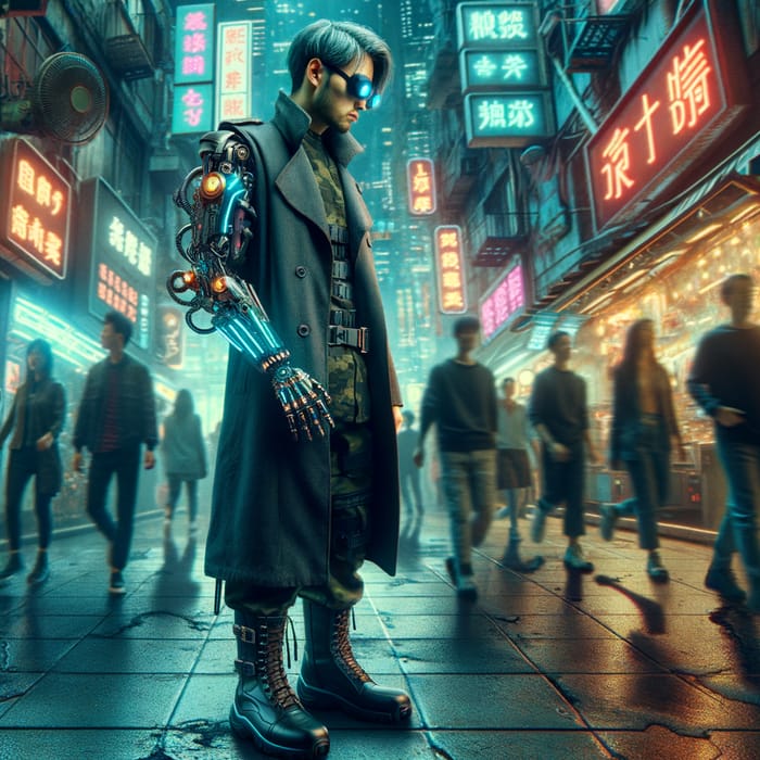 Asian Cyberpunk Man with Mechanical Prosthetic Arm in Neon City