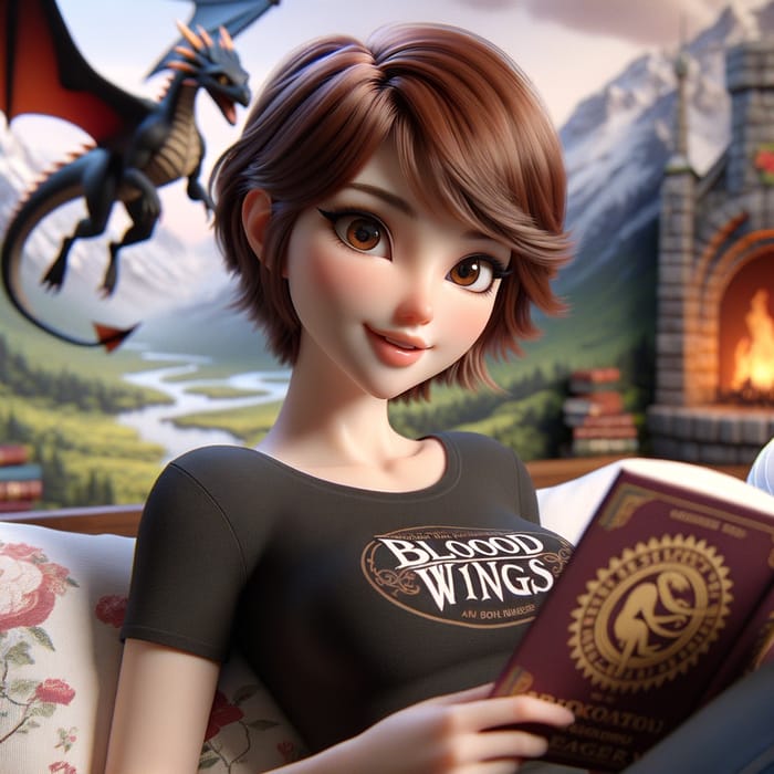 Enchanting 3D Woman Reading 'Blood Wings' Book on Bed in Vibrant Disney Style