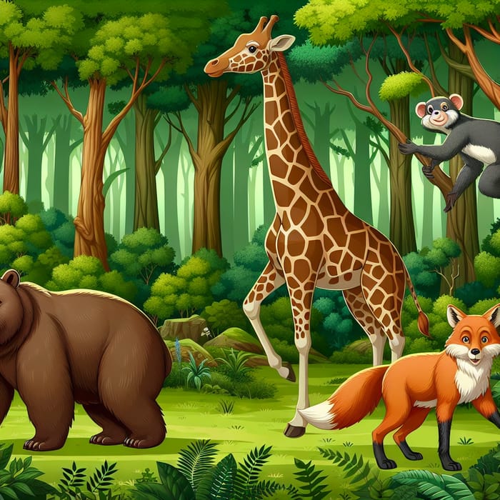 Diverse Forest Wildlife: Bear, Giraffe, Fox, Monkey