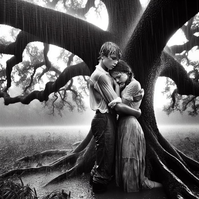 Nostalgic Romance Under Oak Tree | Timeless Black & White Photography