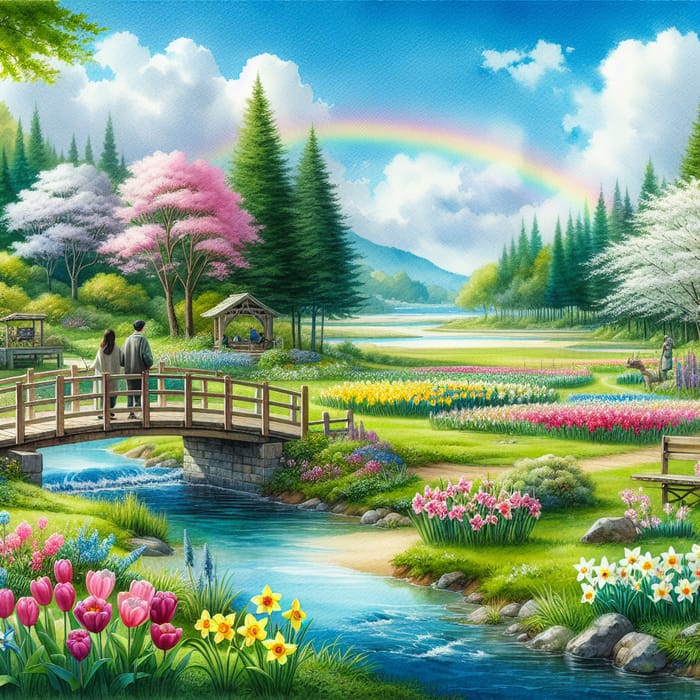 Serene Spring Watercolor Landscape with Rainbow, River, and Bridge