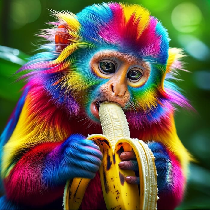 Colorful Monkey Eating Banana in Tropical Rainforest