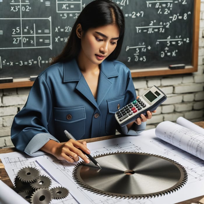 South Asian Female Engineer Calculates Circular Saw Blade Diameter