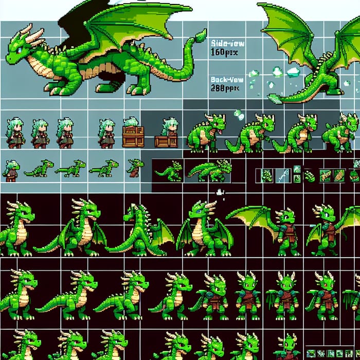 Detailed Pixel Art Sprite Sheet for Young Green Dragon Character