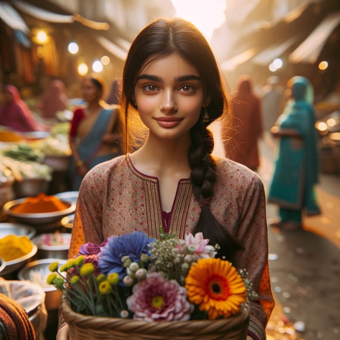 Indian Girl Selling Flowers in Colorful Market