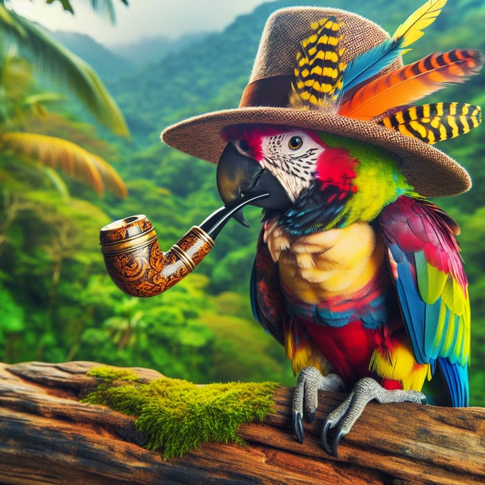 Colorful Parrot with Unique Feathers and Hat Perched on Branch