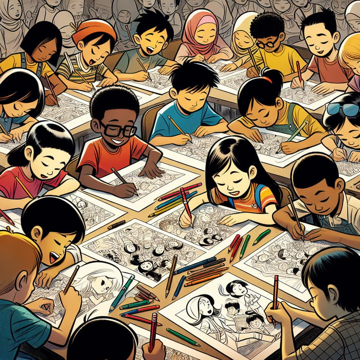 Asian Children Coloring Together in Comic Style