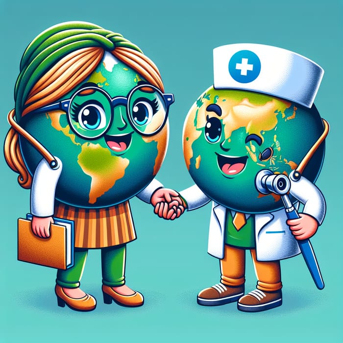Cartoon Earth Teacher & Medical Student Holding Hands