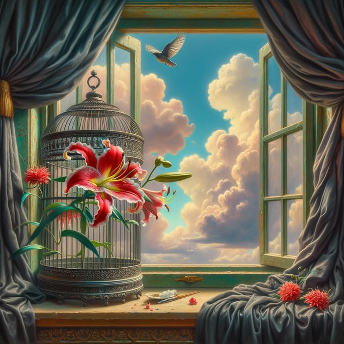 Dreamy Window Scene: Birdcage, Red Lily & Ethereal Sky View