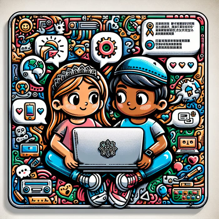 Educational Cartoon: Cute Kids Embracing Digital Creativity