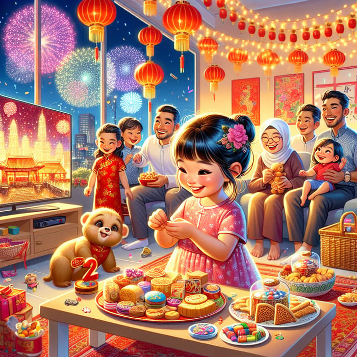 Vibrant Chinese New Year 2024: Happy Family Gathering with Kids and Festive Decor