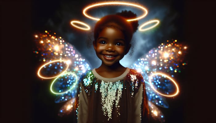 Smiling Little Girl with Colorful Halos in the Dark