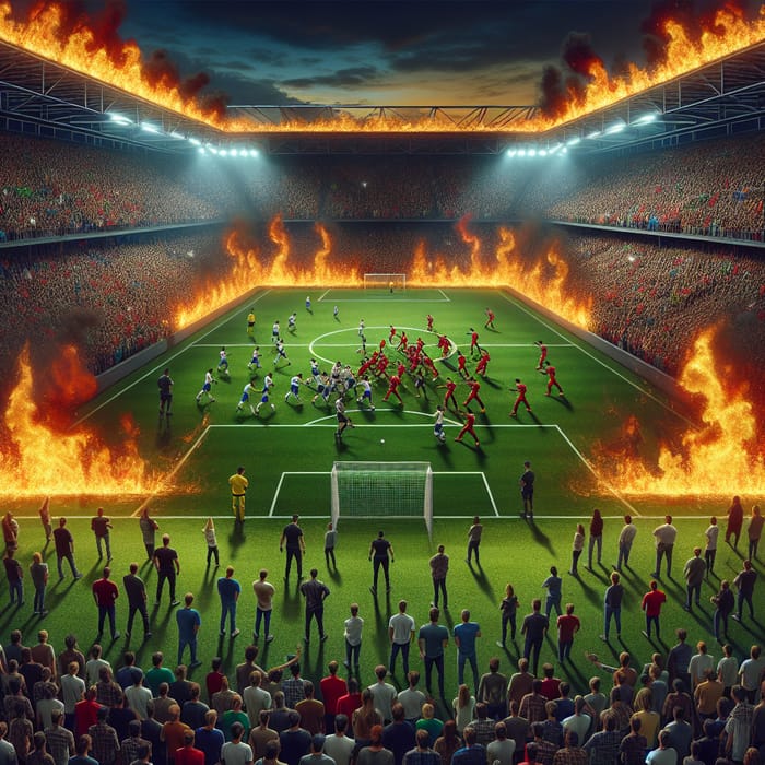 Soccer Stadium Chaos: Fierce Fight Amidst Fiery Crowd Scene