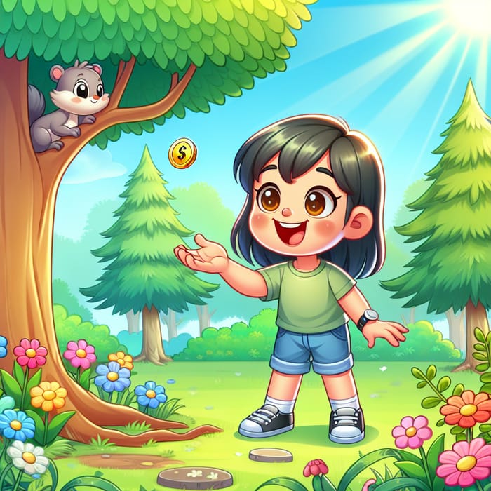 Girl Picks Up a Coin in the Park - A Colorful Cartoon