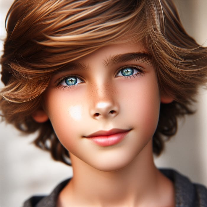 Young Boy with Striking Golden-Brown Hair and Crystal Blue Eyes