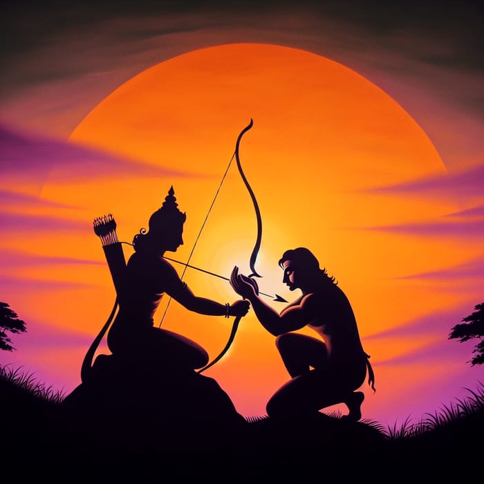 Epic Promise: Rama & Hanuman Silhouettes in Vibrant Sunset Sky | Modern Indian Art
