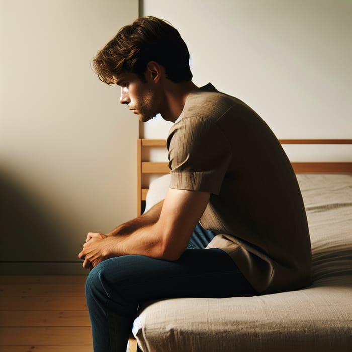 Man Sitting on Bed with Back Turned