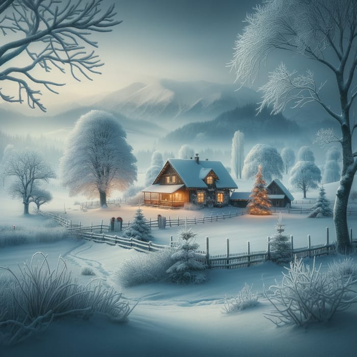 Enchanting Winter Wonderland: Cozy House Amidst Snowy Landscape