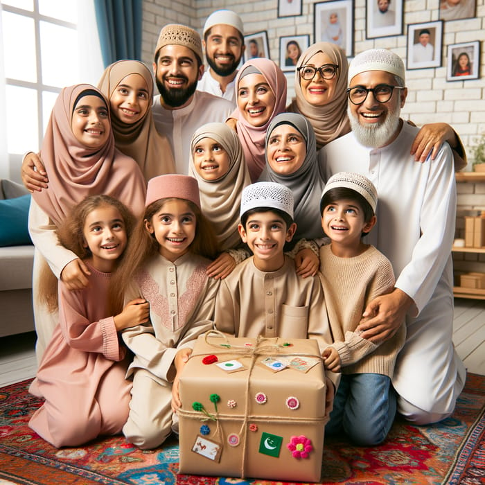 Joyful Muslim Family Excited by Parcel Delivery