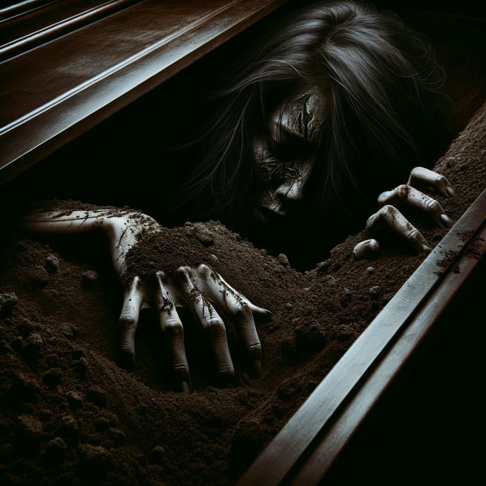 Dark Scene: Lady Trapped in Coffin with Soil