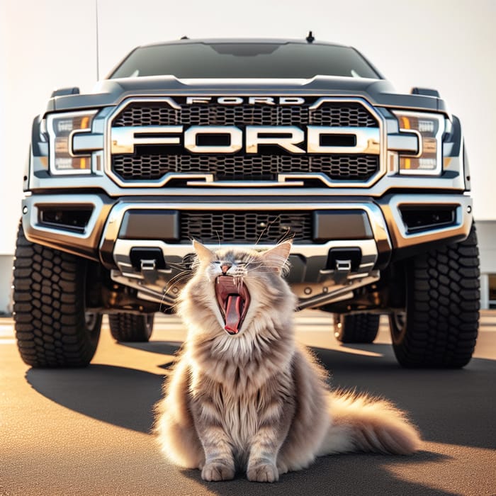 Majestic Cat Yawning in Front of Ford F-150 Raptor