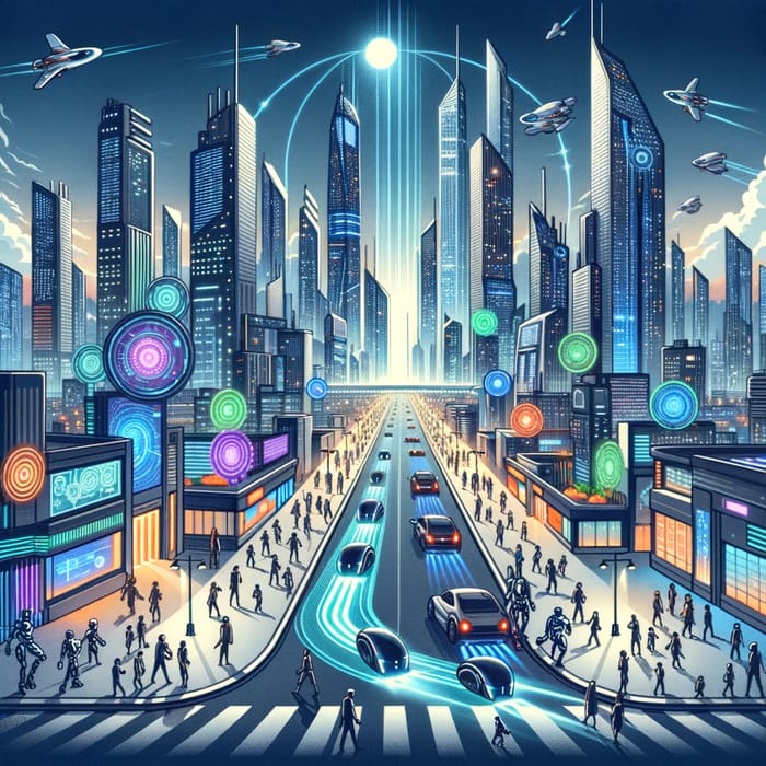 Future City Technology: AI Innovation, Neon Lights, Skyscrapers