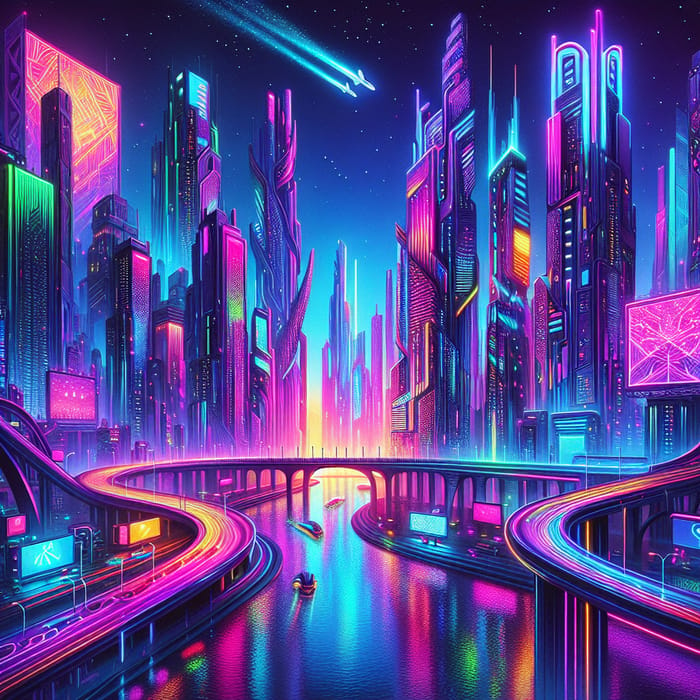 Psychedelic Neon Cityscape: Vibrant Visual Spectacle