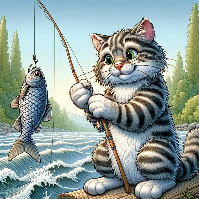 Feline Angler Lands Impressive Catch: A Fishing Masterpiece