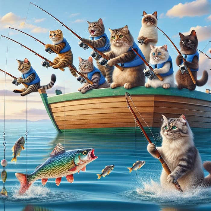 Colorful Cats Enjoying a Fun Fishing Adventure on a Boat
