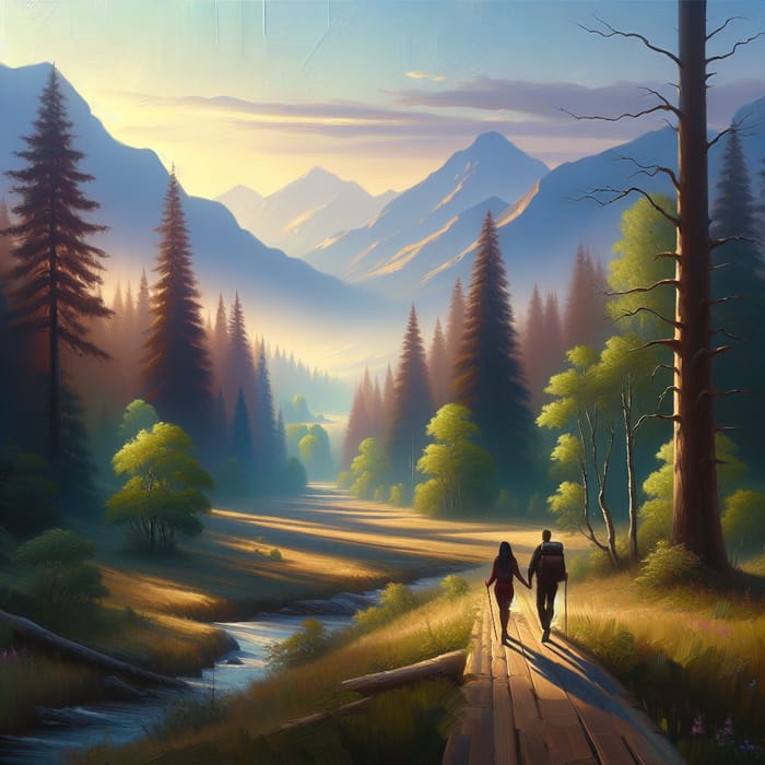 Romantic Oil Painting: Lovers Hiking in Spring