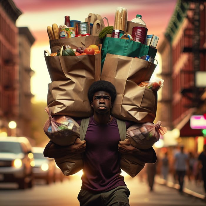 Strong Black Teenager Lifting Heavy Grocery Bags in City
