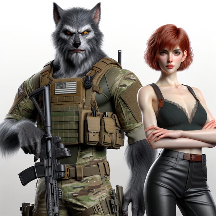 Realistic Werewolf in Military Gear with Redhead Woman