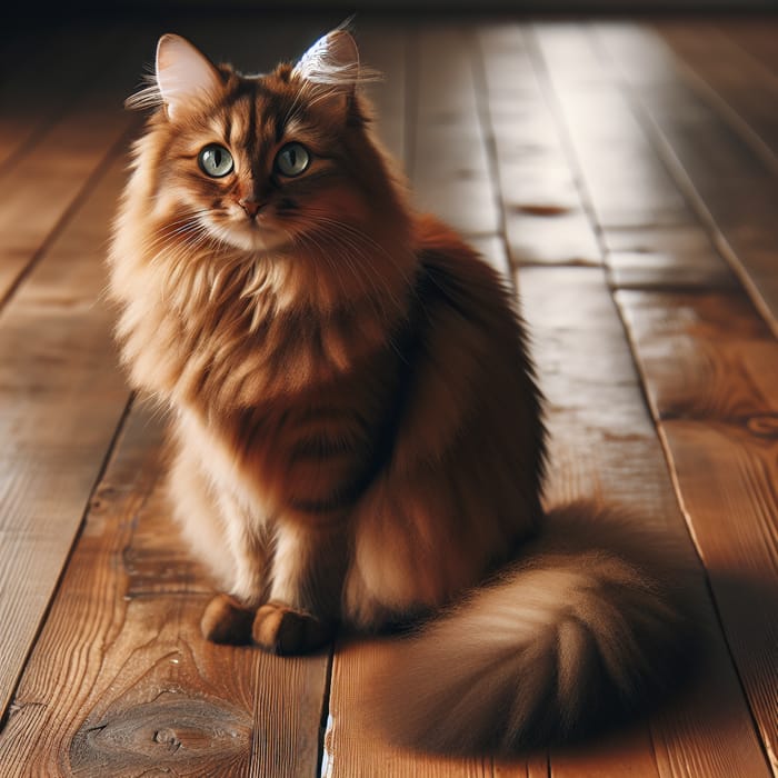 Brown Cat with Striking Green Eyes on Antique Wooden Floor