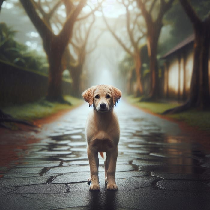 Young Dog in Melancholic Rain Scene | Emotional Pet Photography