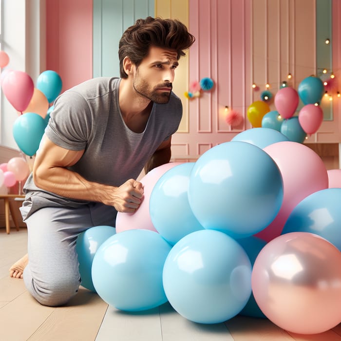 Handsome Guy Popping Balloons | Vibrant Party Room Fun